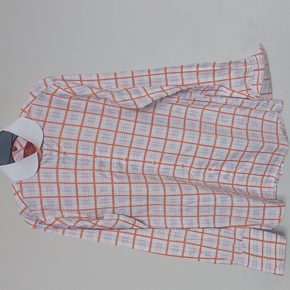 R. LEWIS, Orange and White Plaid Button-Down Dress Shirt, Long Sleeves